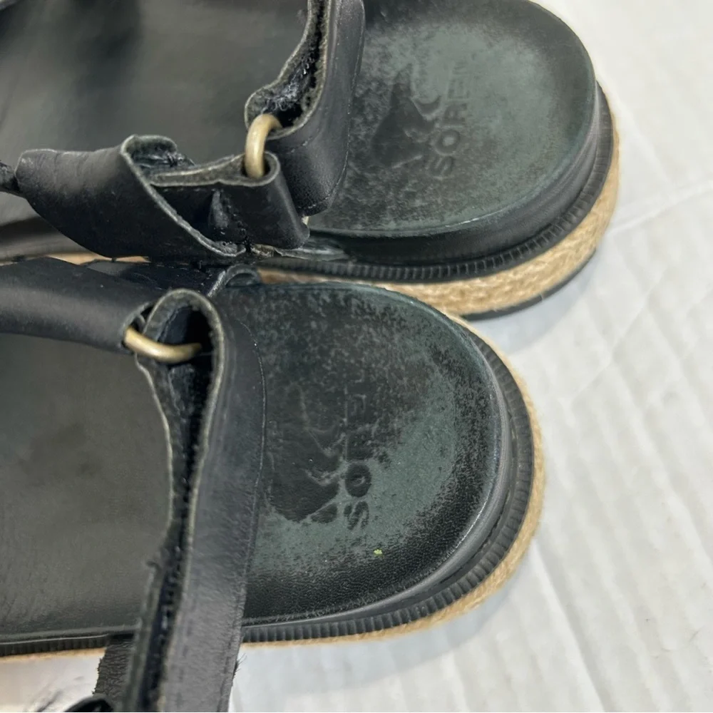 Sorel Roaming Criss Cross Sandals Jute Black Leather Size 8 Espadrille Summer - Picture 5 of 10